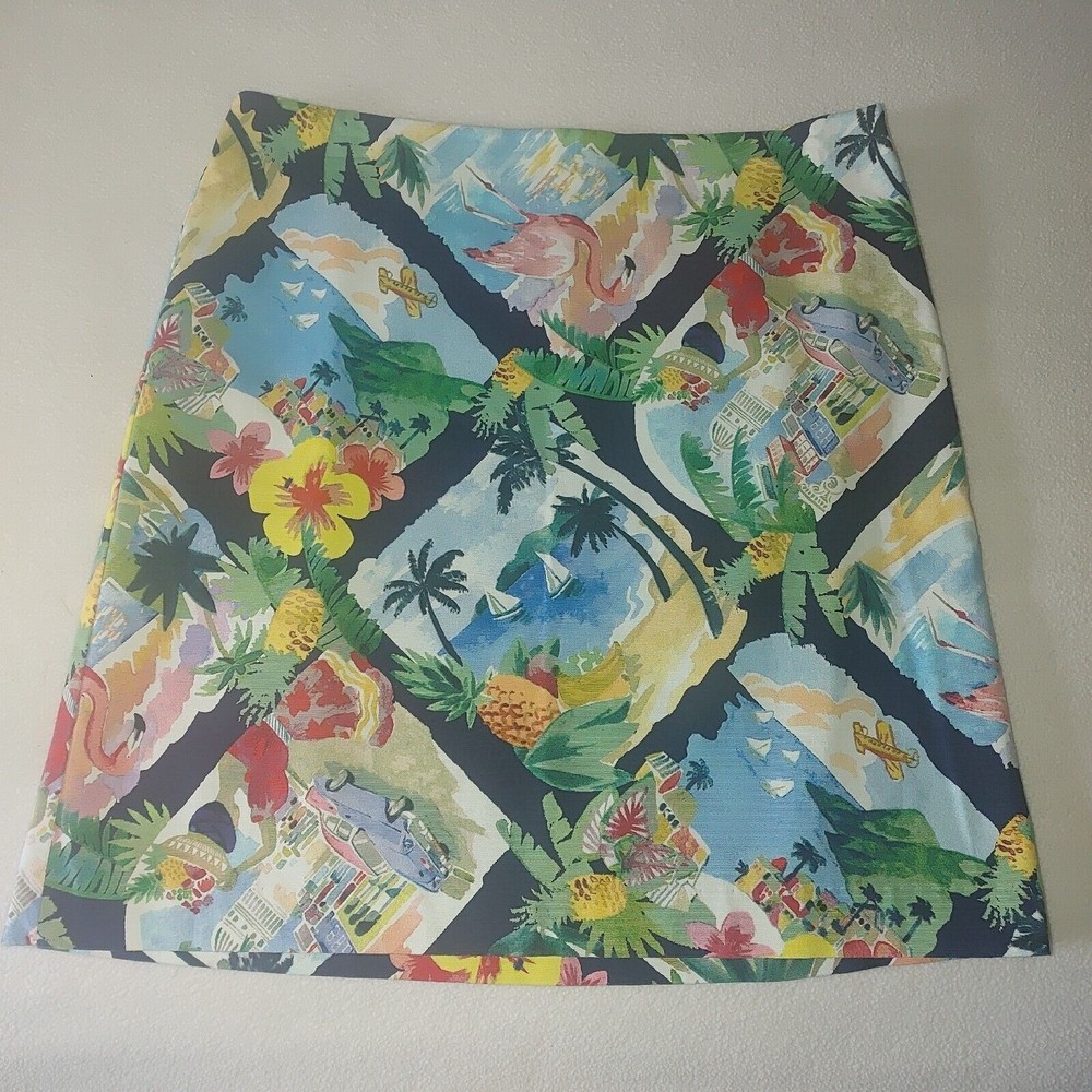 Talbots Tropical Print Pencil Mini Skirt Size 10 Side Zip Blue Flamingos Palms